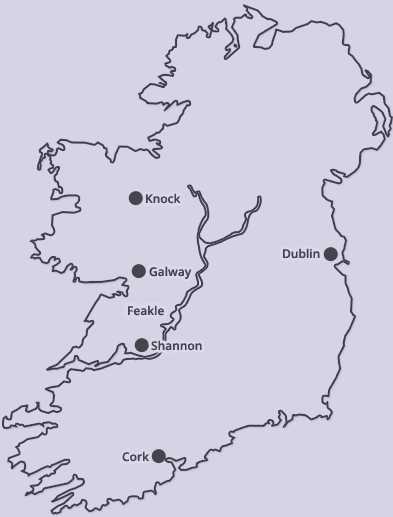 Ireland's airports in relation to our location.